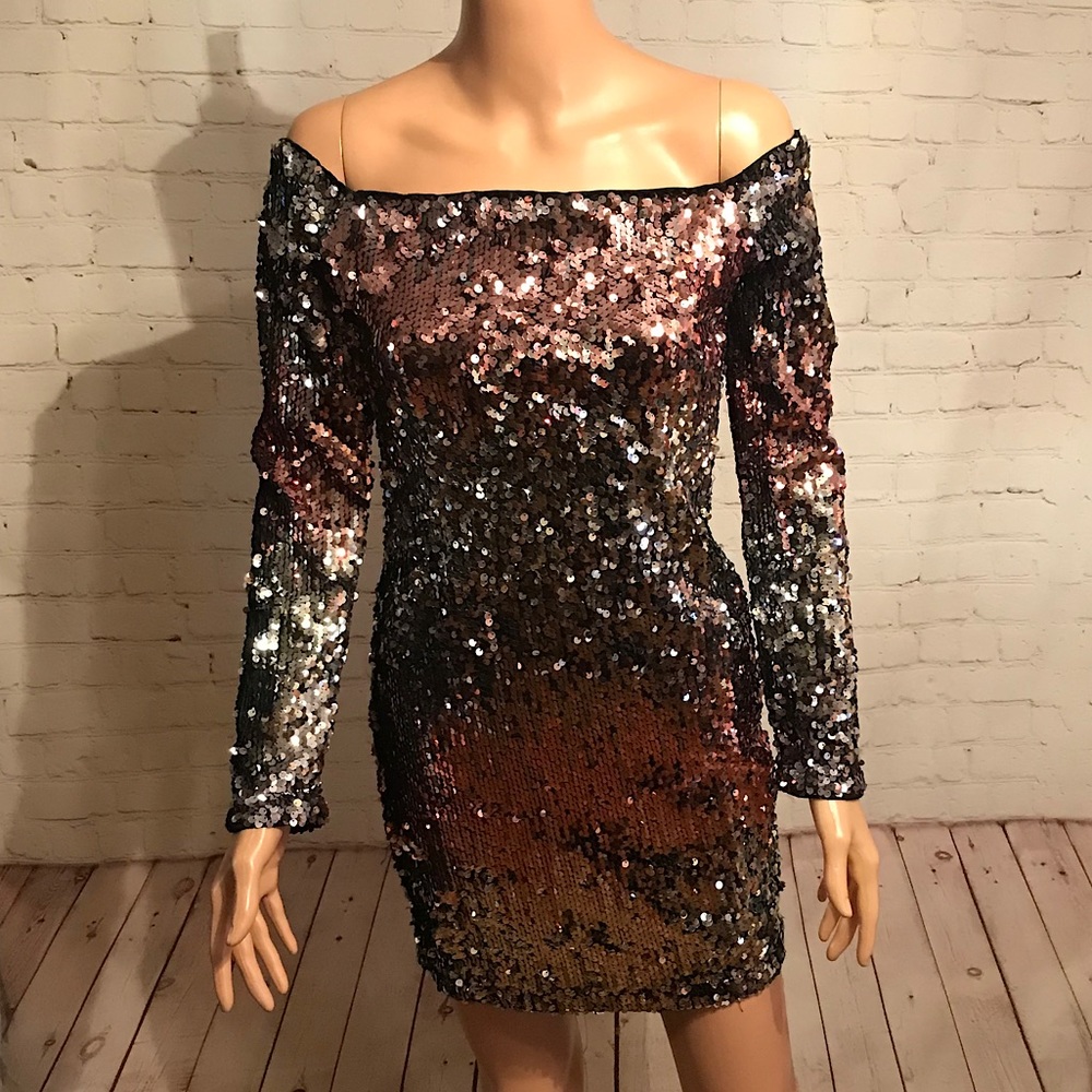 Forever 21 body con silver & pink sequined dress size small party